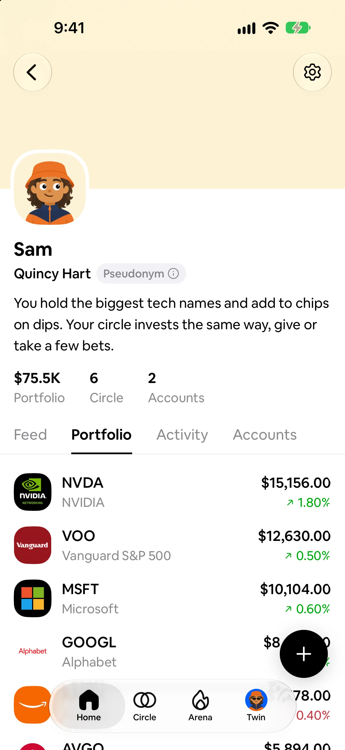 Your own page: your made-up name, portfolio size and holdings